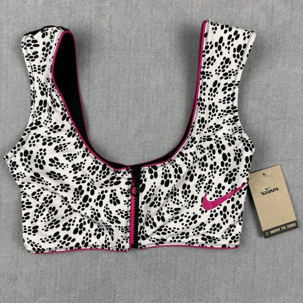 Nike Swim Bikini Top Womens Medium Party Dots Crop NESSC267-100 White Black New